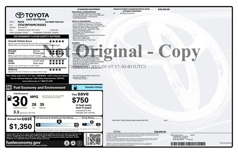 Window Sticker for 2021 Toyota Rav4 Xle Premium Fwd (Natl)