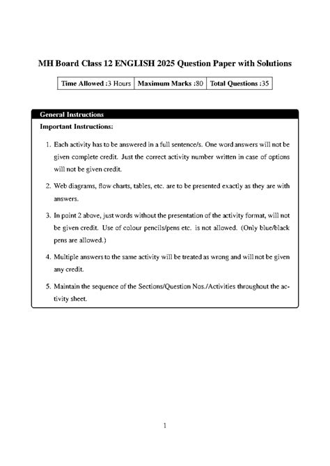 MH Board Class 12 ENGLISH 2025 Question Paper with Solutions - Studocu