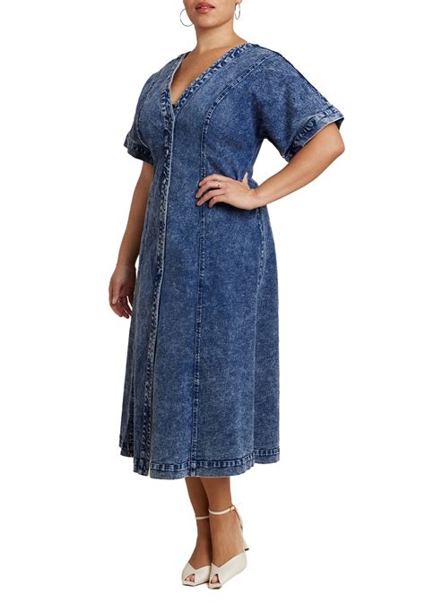 ELOQUII Women's Plus Size V Neck Flare Denim Dress - Walmart.com
