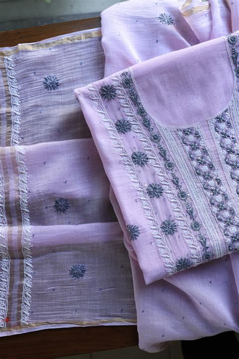 Lavender & Grey Shade Malmal Pearl Work Chikankari Fabrics
