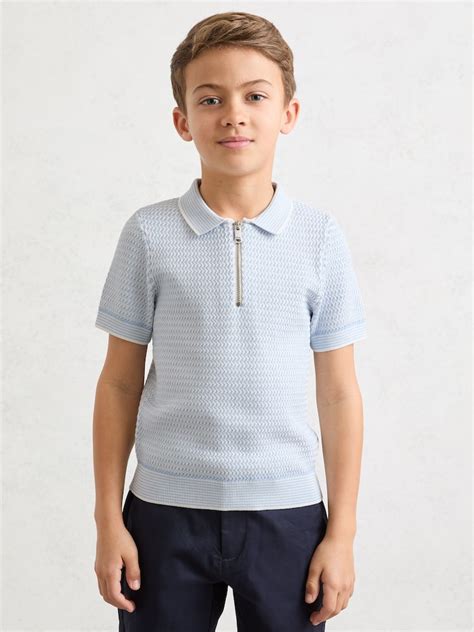 Buy Reiss Ice Blue Brink 3-9 yrs Textured-Knit Half-Zip Polo Shirt from ...