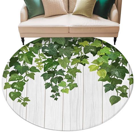 Dark Green Leaf Round Rug 5ft Washable Circle Kitchen Rugs Non Slip ...