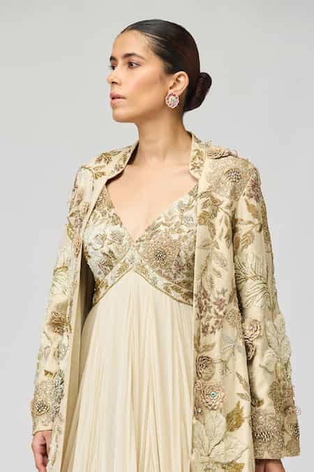 Buy Ivory Silk, Viscose, Tissue, Georgette Floral Embroidered Jacket ...