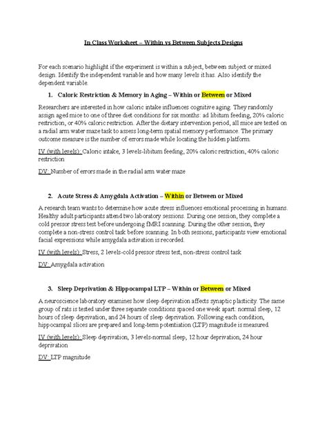 In-Class Activity: Within vs Between Subjects Designs (PSY 218) - Studocu