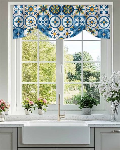 Blue Retro Boho Tie Up Valances Curtain, Adjustable Kitchen Geometric ...