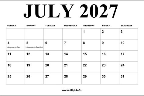 2027 July Calendar with holidays - Hipi.info