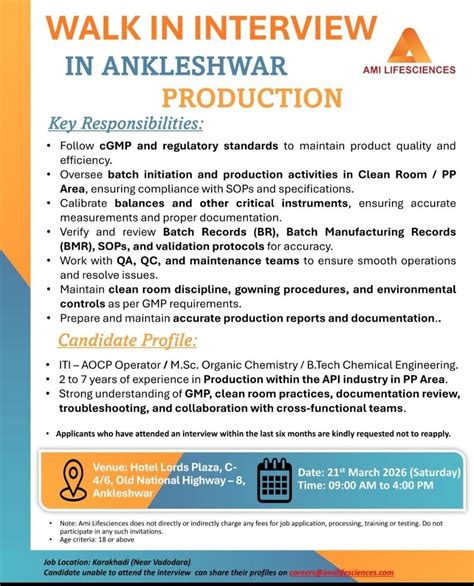 Ami Lifesciences Ankleshwar (Job Location: Karakhadi, Near Vadodara ...