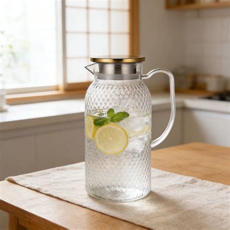 Emdiqzs Glass Water Pitchers Drinks Pitcher Diamond Cut Glass Jug with Bamboo Lid for Dining ...