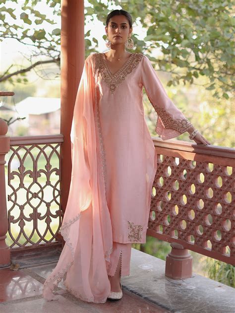 Pink Embroidered Chanderi Suit - Set of 3