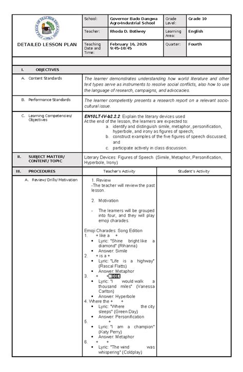 Grade 10 English Lesson Plan: Exploring Figures of Speech - Studocu