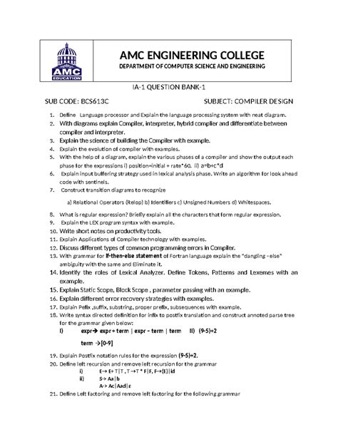 BCS613C Compiler Design 1st IA Question Bank - Studocu