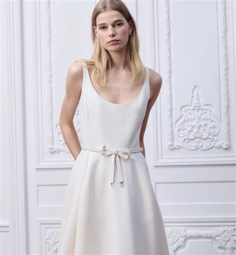 Mid-Length Belted Dress White Wool, Silk and Lace | DIOR