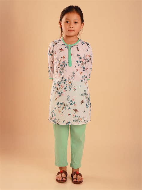 Off White Hand Block Printed Cotton Kurta with Pants- Set of 2