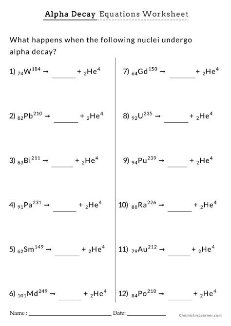 Alpha Decay Equations Worksheet: Analyzing Nuclei Transformations - Studocu