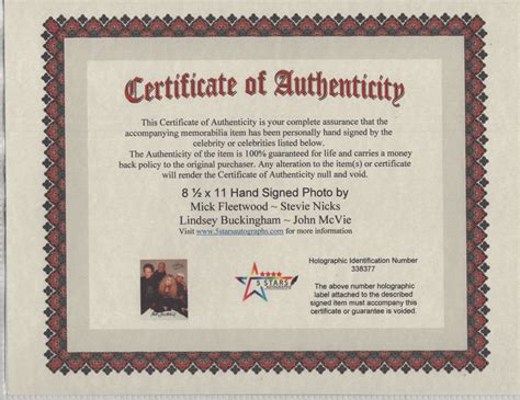 Fleetwood Mac Band Autographed 8.5x11 Photo with COA - Signed Memorabilia