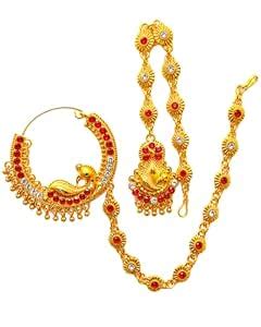 Buy Gold-Plated Alloy Nose Ring and Chain with Maang Teeka ...