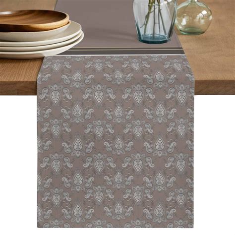 Boho Brown Flower Table Runner, Abstract Bohemia Pesley Floral Washable ...