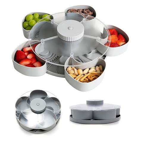 Divided Serving Tray, Rotating Snack Box Container with Lid And 5 ...