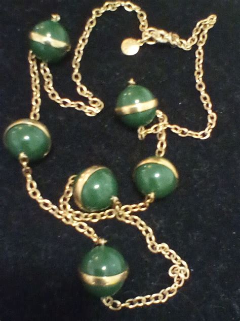 J.Crew Large Dark Green Ball Bead Necklace, Gold Tone Stripes & Chain