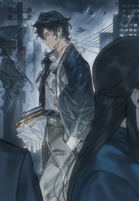 Safebooru - 1boy 2girls bird black coat black hair building chinese ...