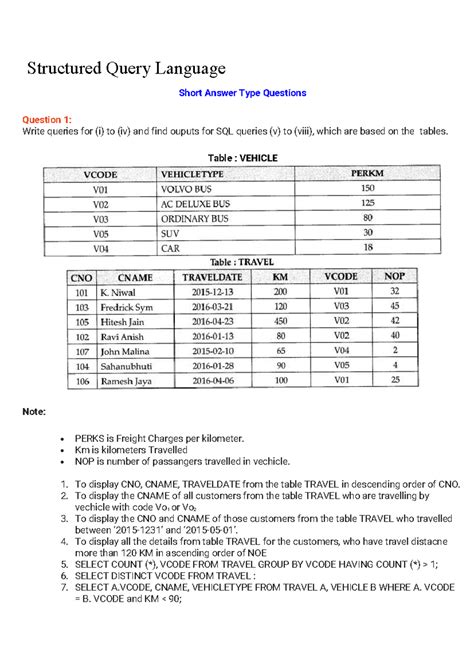 SQL Practice Questions: Short Answer & Long Answer Types - Studocu