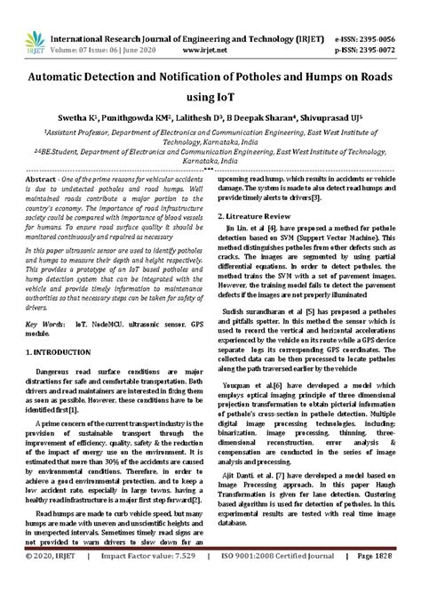 Automatic Pothole and Hump Detection System Using IoT (IRJET Vol 07 ...