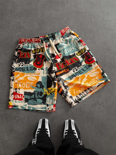 Men's Vintage Graffiti Printed Drawstring Shorts, Comfortable Loose Fit Casual Sport Pants ...