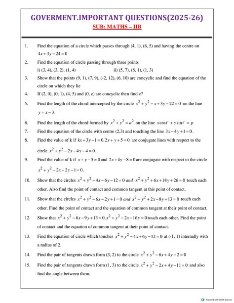 GOVT IMP. Questions for MATHS IIB: Circle Equations & Properties - Studocu