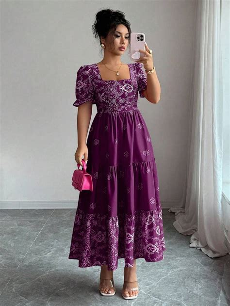 Elenzga Plus Size Women's Floral Print Square Neck Waist Cinched A-Line ...