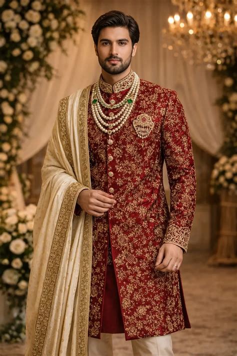 Royal Crimson Groom Sherwani for Men – Wedding & Formal Wear | SG Bazar