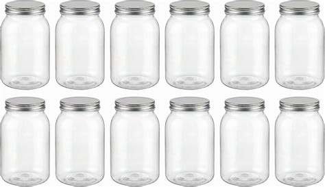 32 oz Clear Plastic Jars with , 12 Pack Large Plastic Mason Jars with 32oz, Quart Containers for ...