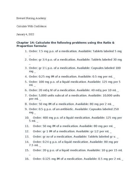 Brevard Nursing Academy Calculate With Confidence Homework 14-16 - Studocu