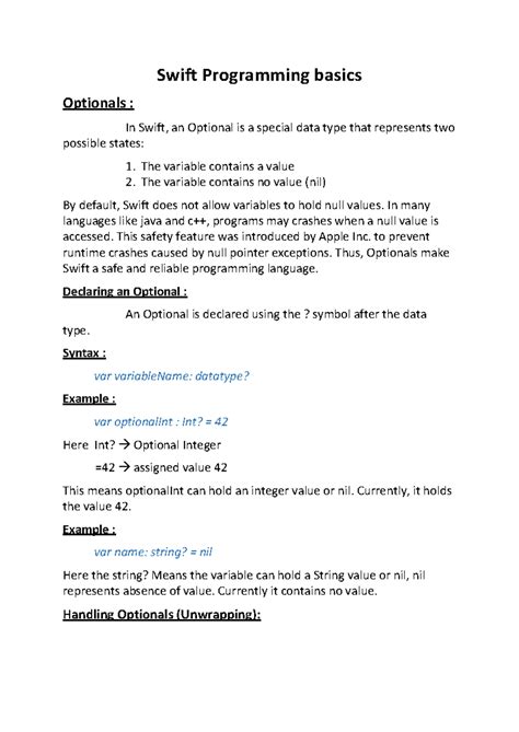 Swift Programming Basics: Understanding Optionals and Their Usage - Studocu
