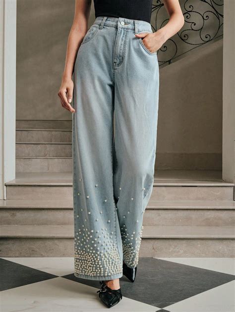 Alina - Pearl Embellished Wide Leg Jeans - Ice Blue – Wear Your Words
