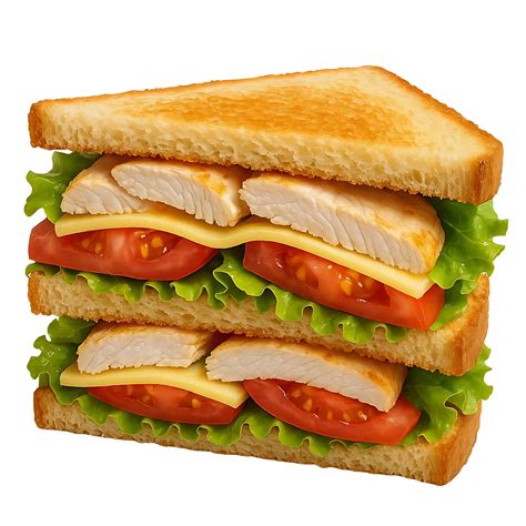 Club sandwich with layers of chicken, lettuce, tomato, and cheese, cut ...