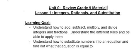Grade 9 Math: Lesson 1 - Integers, Rationals & Substitution Review ...