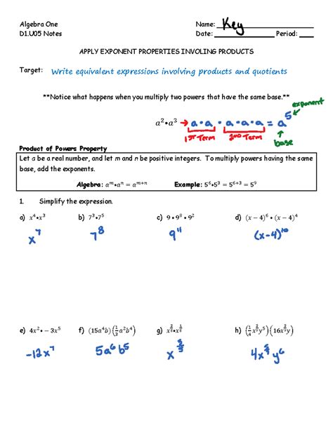 D1.U05 Notes - Apply Exponent Properties Involving Products (Key) - Studocu