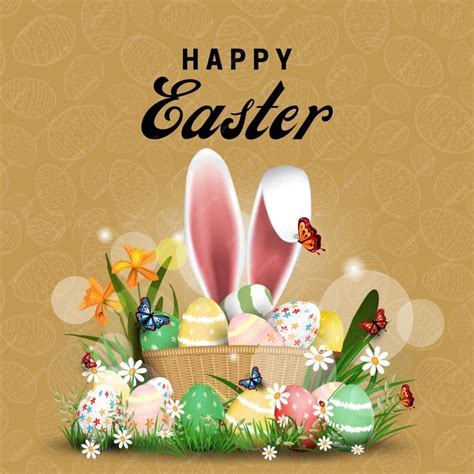 A picture of easter eggs and bunny rabbit on a brown background ...