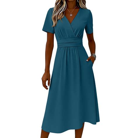 Spring Dresses for Women V-Neck A-Line Swing Knee Length Wrap Dress ...