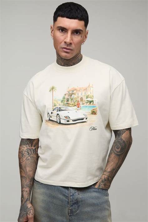 Ecru boohooMAN Oversized Boxy Resort Print T-Shirt | Boohoo