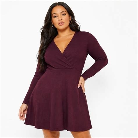 Boohoo Plus Kelly Knitted Wrap Front Skater Dress Wine Burgundy US 14 ...