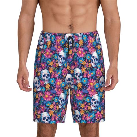 Cauagu Skull Daisy Print Pajama Bottoms for Men Sleep Pajama Shorts ...