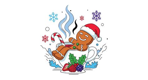Cheerful gingerbread man taking a bath in a cup of hot chocolate with candy cane holly leaves ...