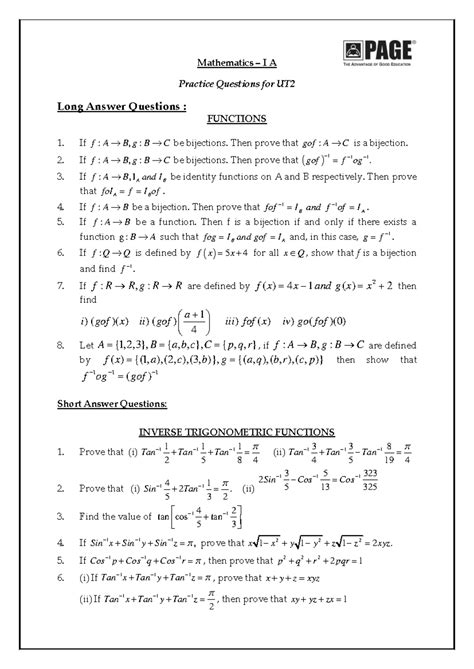 Jr. Maths IA - Practice Questions for UT2: Functions & Inverse Trig ...
