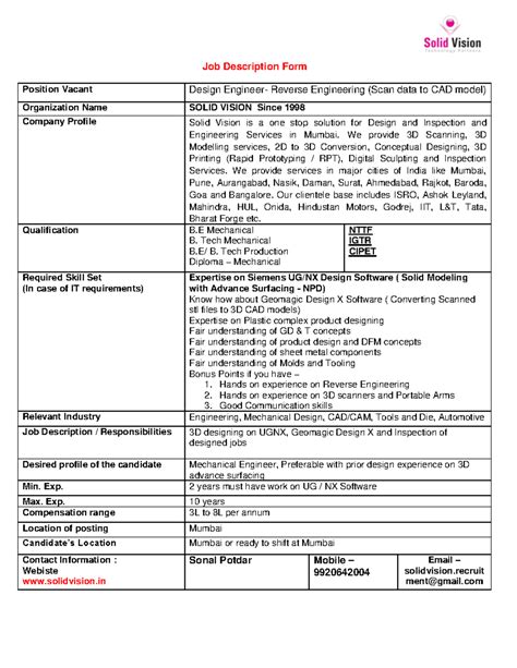 Job Description - Position Vacant: Design Reverse Engineering (B.E. Mechanical) - Studocu