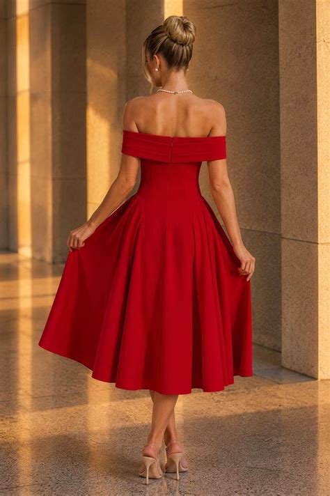 Off Shoulder Midi Cocktail Dress | Elegant Wedding Guest Evening Prom ...