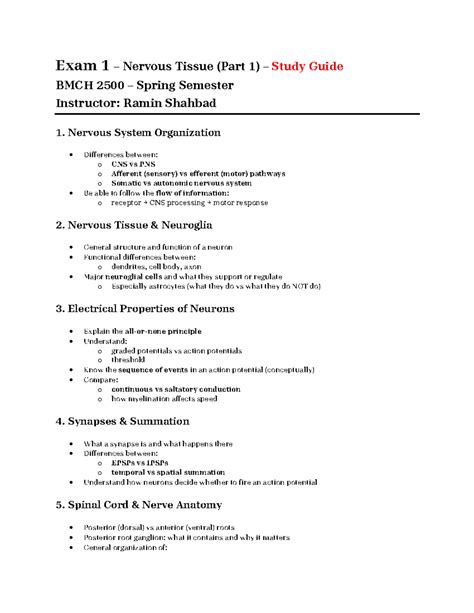 BMCH 2500 - Exam 1 Study Guide: Nervous Tissue - Studocu