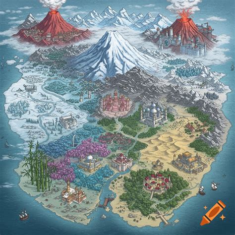 An isometric fantasy map of a diverse island with snowy mountains, a volcano, colorful forests ...