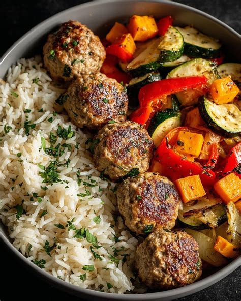 Savory Meatballs with Rice and Roasted Vegetables Recipe
