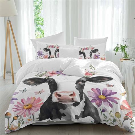 3 Piece Flowers Cow Duvet Cover Set Twin Size,Microfiber Comforter ...